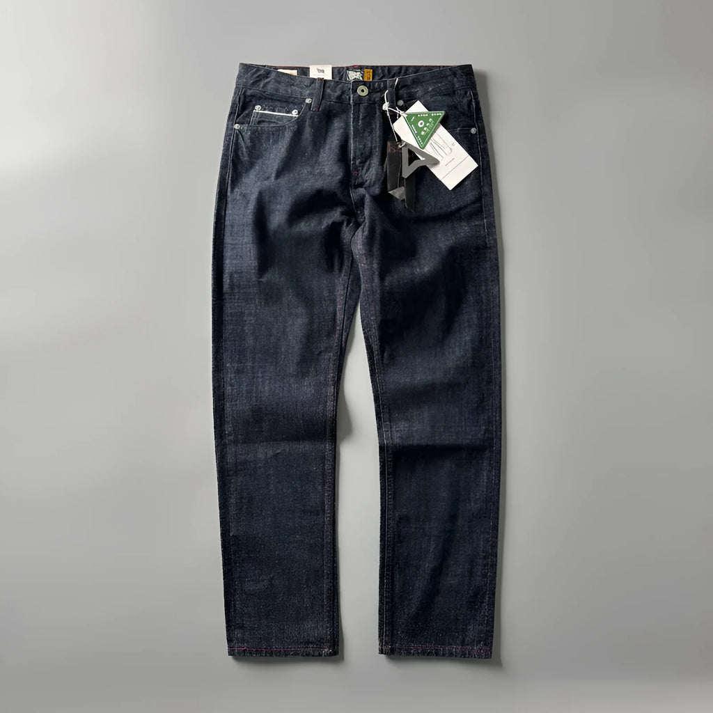 Men's straight-leg denim jeans in primary colour with classic American retro styling