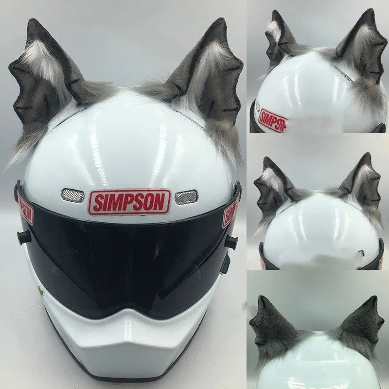 Set of detachable animal ears and tail ornament for motorcycle helmet, shown in black and white wolf design.