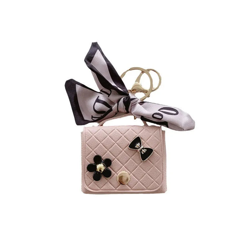 Simulated leather earphone bag for AirPods Universal in pink silk scarf design with soft shell finish