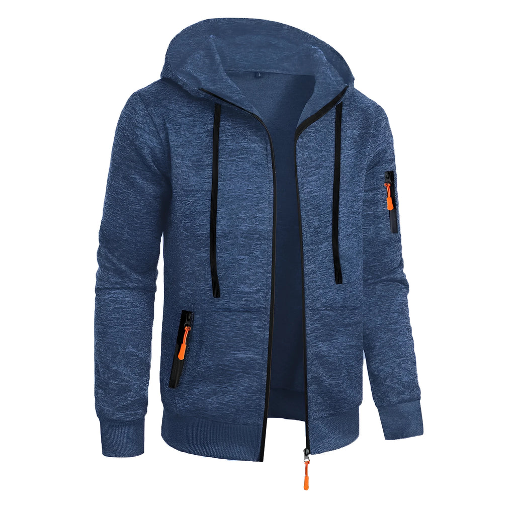Men's hooded cardigan sweater coat in solid colour polyester, loose fit, long sleeve, sizes S-3XL