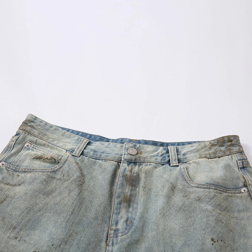 Men's blue washed cotton denim trousers with cropped length and straight-leg streetwear style