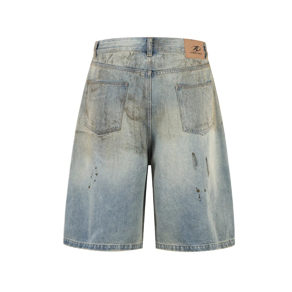 Men's blue washed cotton denim trousers with cropped length and straight-leg streetwear style