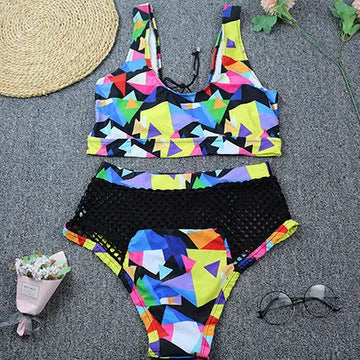 Women's checkered cross strap high waist bikini for swimming