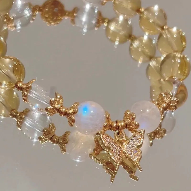 Chinese-style women's crystal bracelet with citrine butterfly and moonstone white beads