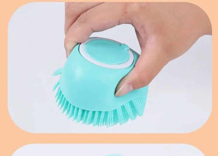 Silicone dog bath brush with finger loops in blue, pink, and yellow colour options