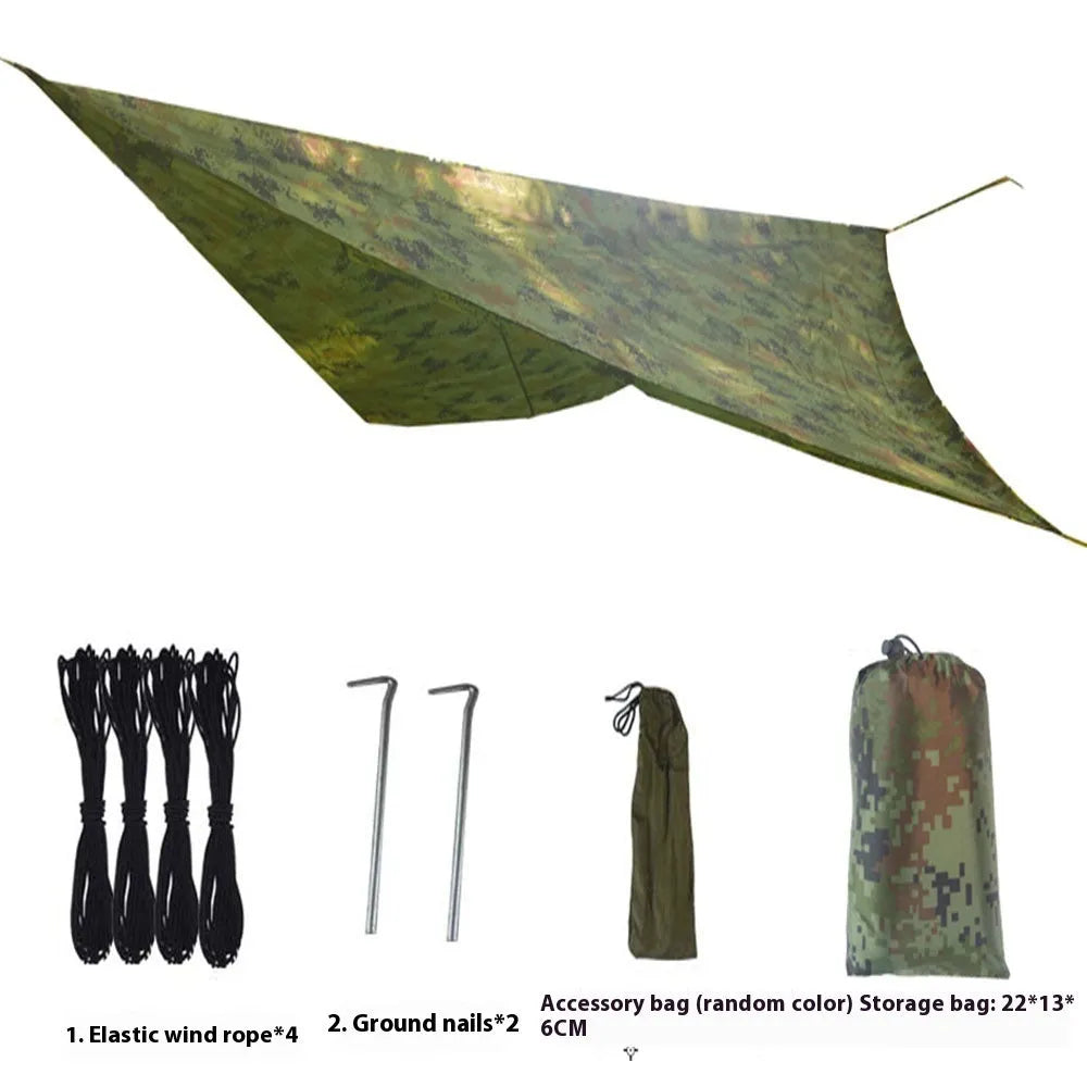 Waterproof anti-mosquito sunshade hammock package in army green set up outdoors with canopy and net