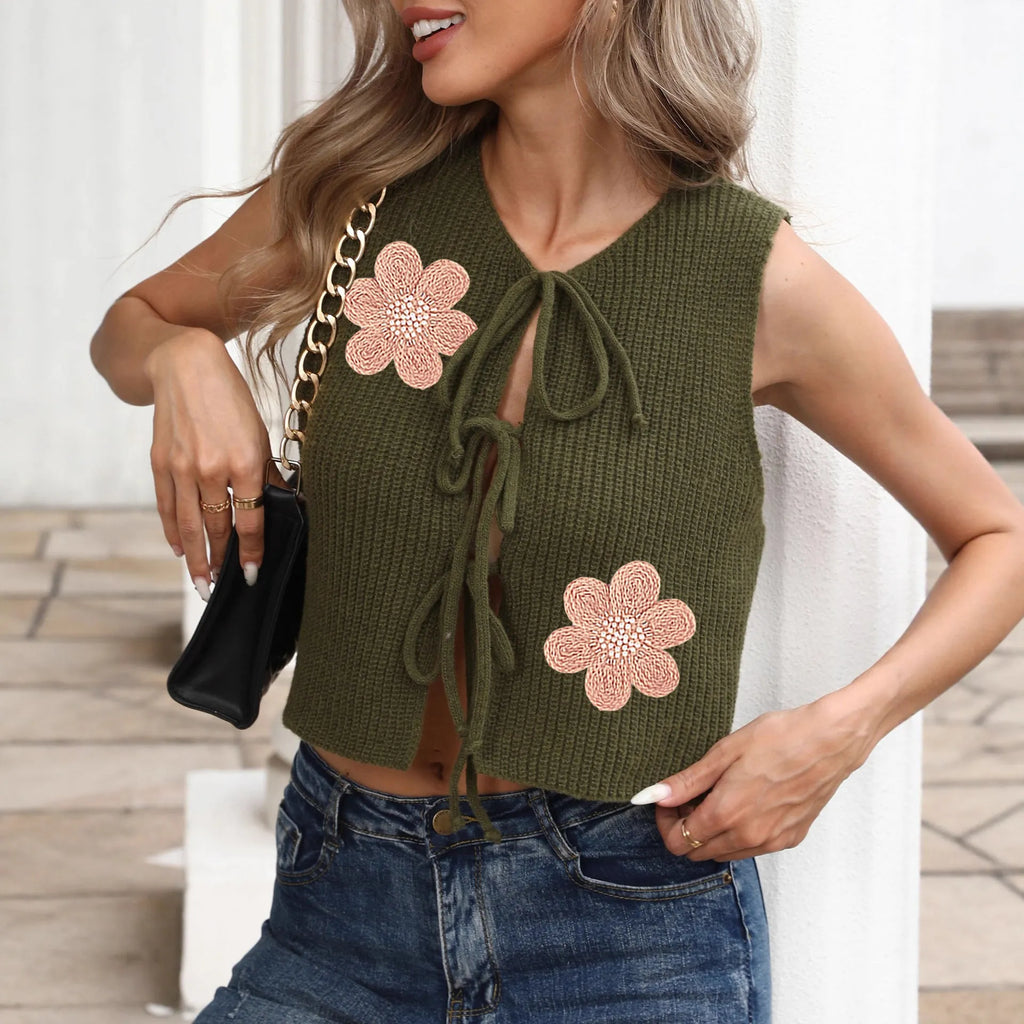 Ladies lace-up bow cardigan vest in deer plush fabric with floral pattern and short length