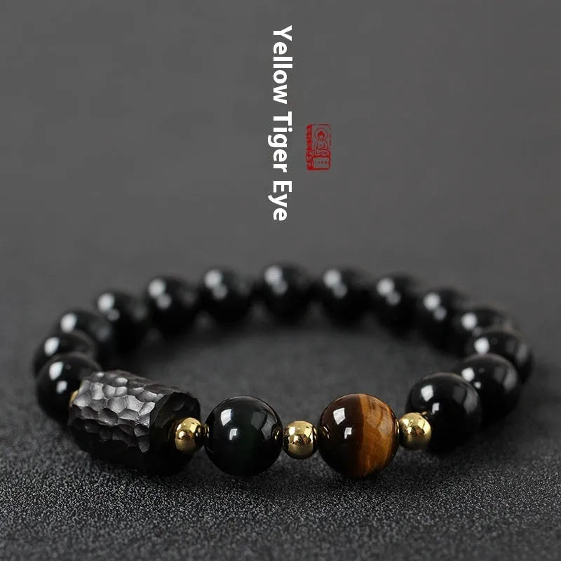 Obsidian and tiger eye bracelet with 10mm beads and circle design