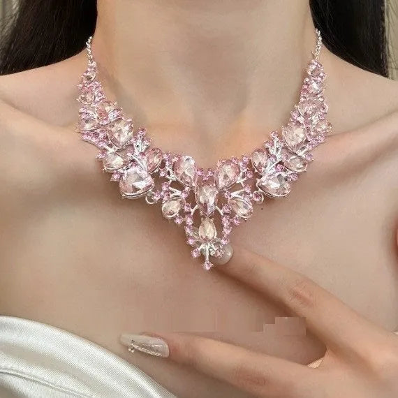Pink rhinestone flower drop pendant necklace on an electroplated alloy ball bead chain, 31-40cm perimeter