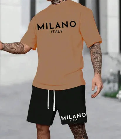 European style men's short sleeve polyester suit set with round neck top and matching shorts in multiple colours