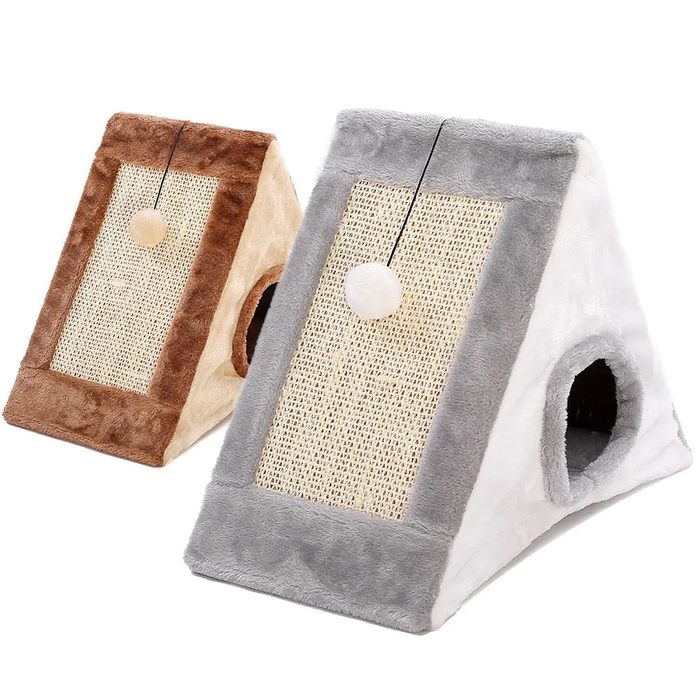 Triangular cat bed with integrated sisal scratching panels in grey and white colour scheme