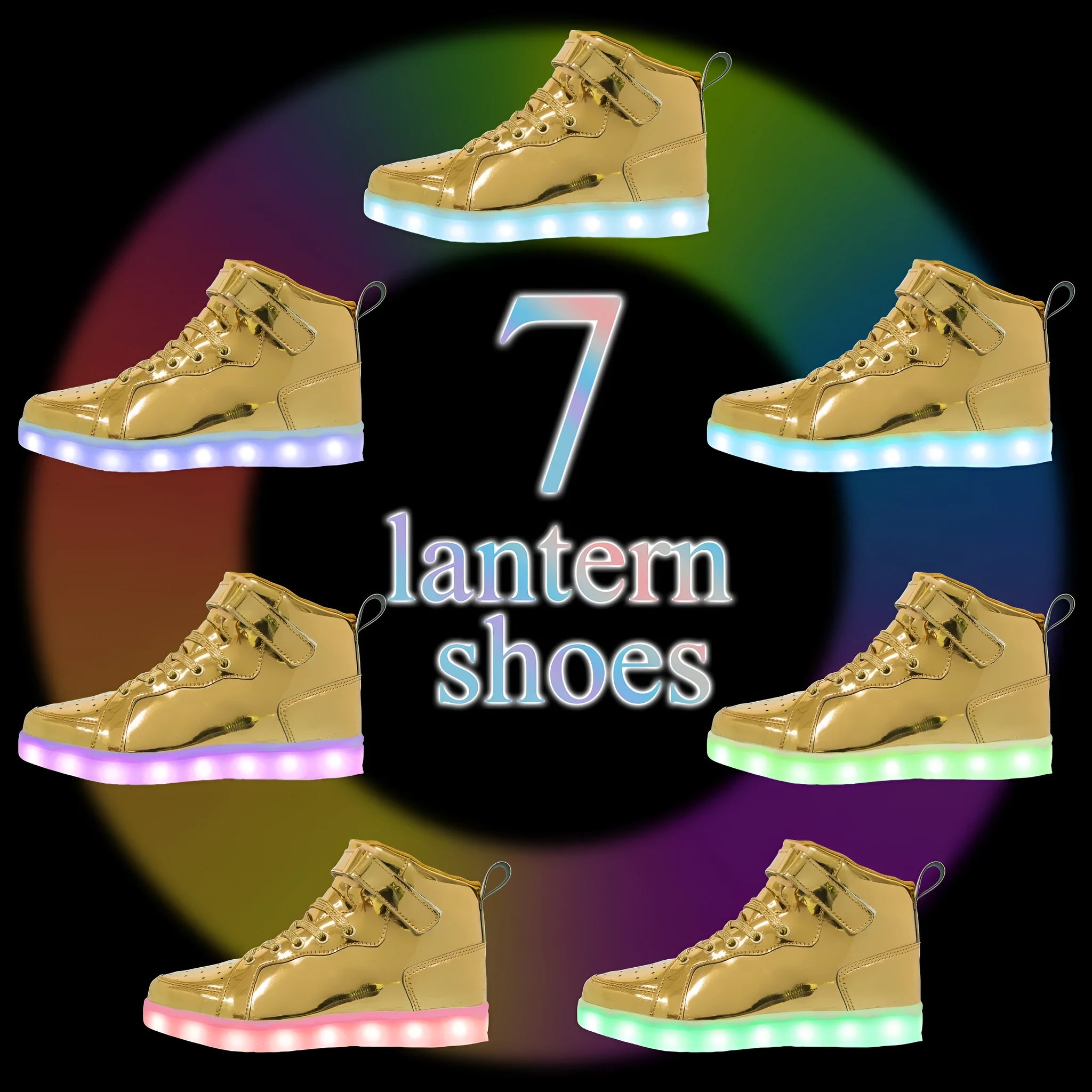 A pair of black high-top LED sneakers with Velcro straps and lights glowing in the rubber sole.