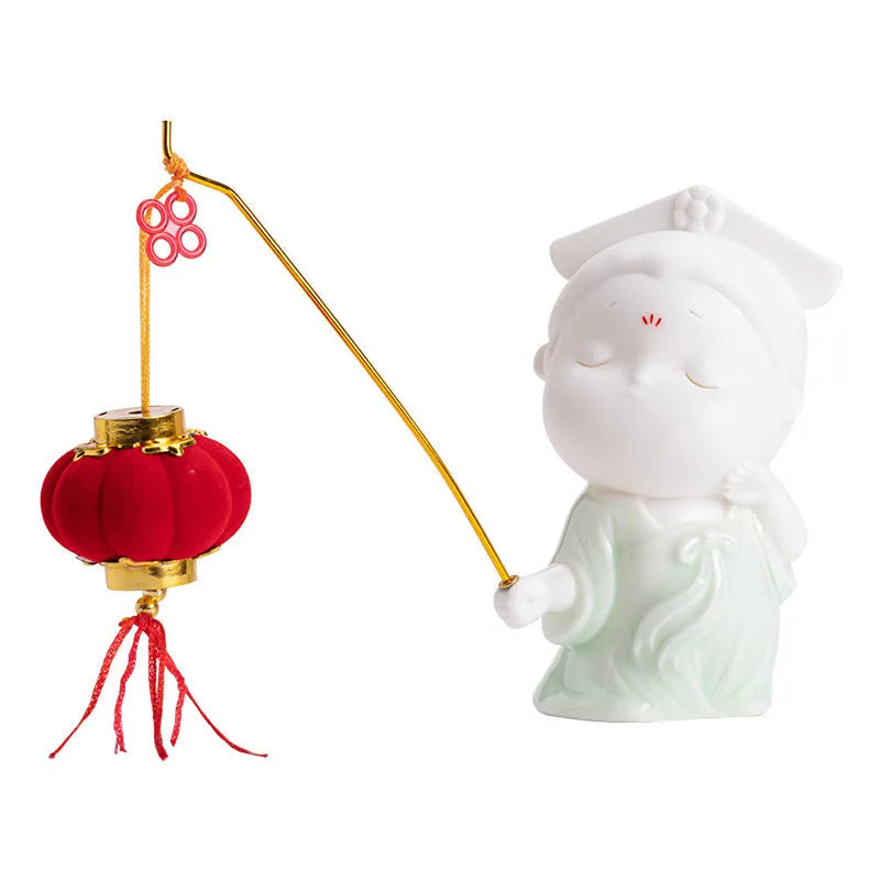 Ceramic cute court attendant incense burner decoration in fresh style on a plain background.