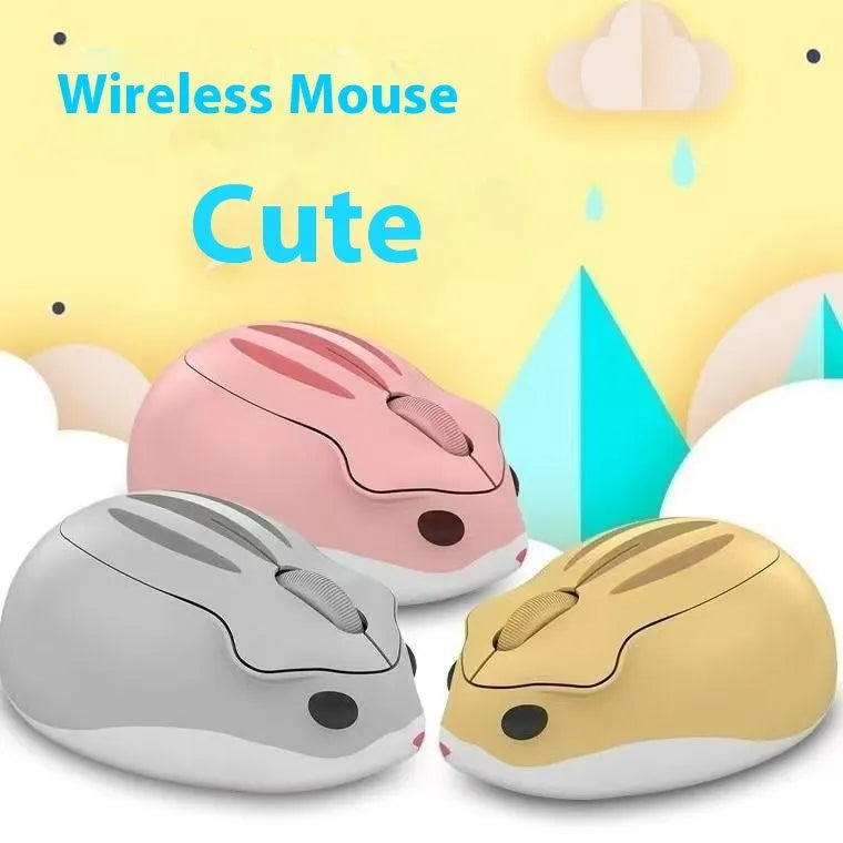 Hamster wireless Bluetooth mute mouse in grey, pink and yellow colour options showing compact design