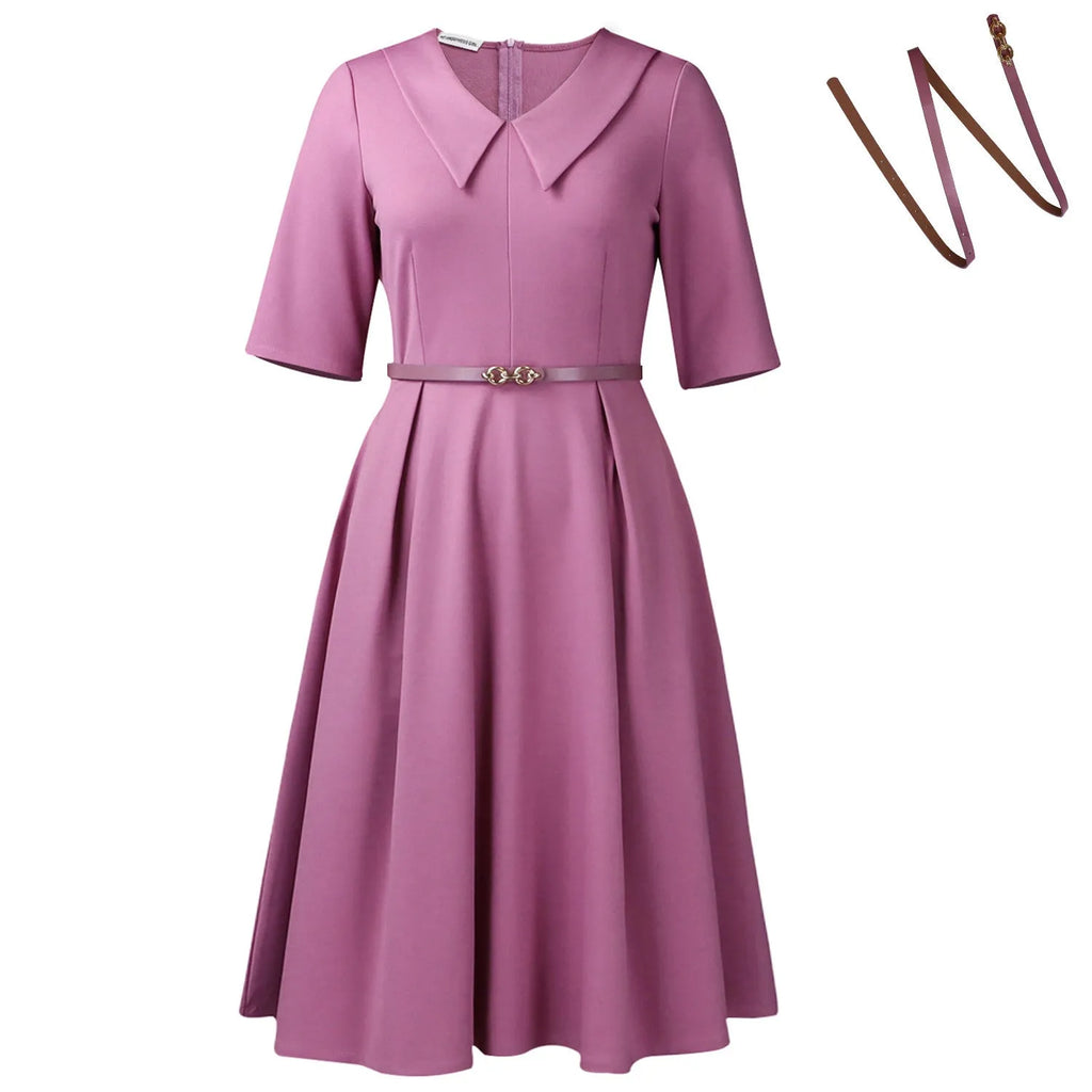 Half sleeve African dress with high waist, solid colour polyester, includes matching belt, sizes S to XXXL