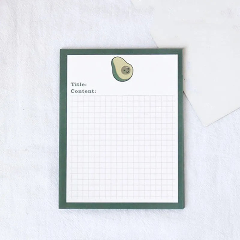 Avocado bear cartoon sticky note paper pad showing 30 pages in small and large size options