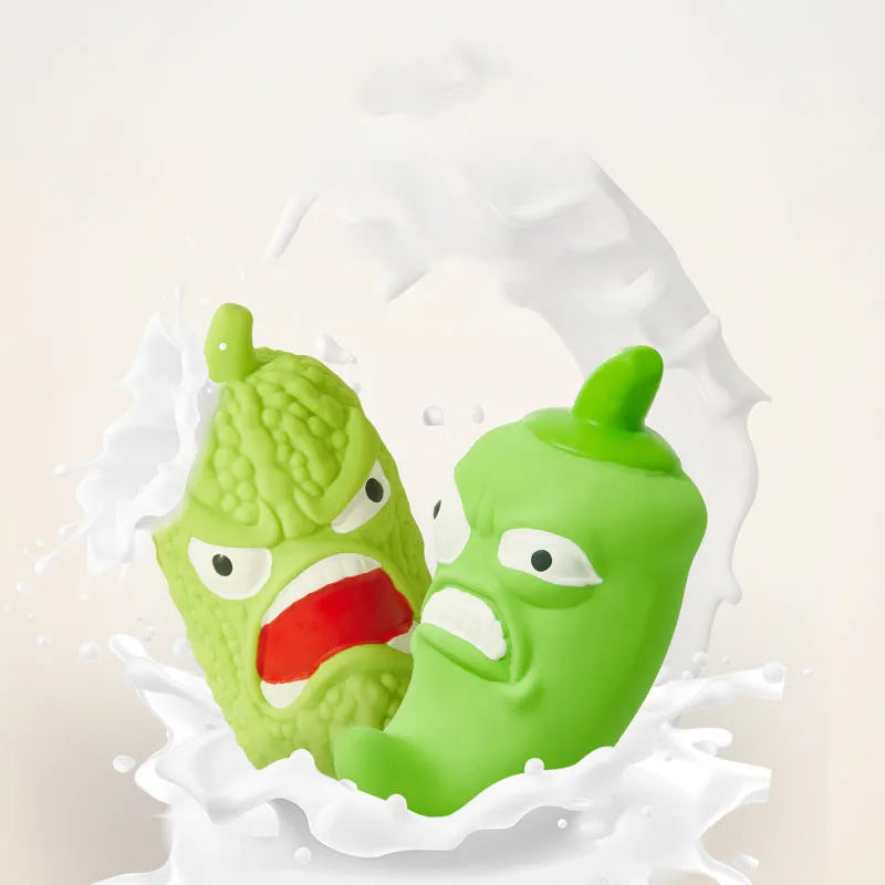 Bitter gourd or chilli shaped dog chew toy with textured surface for tooth cleaning and integrated sound.