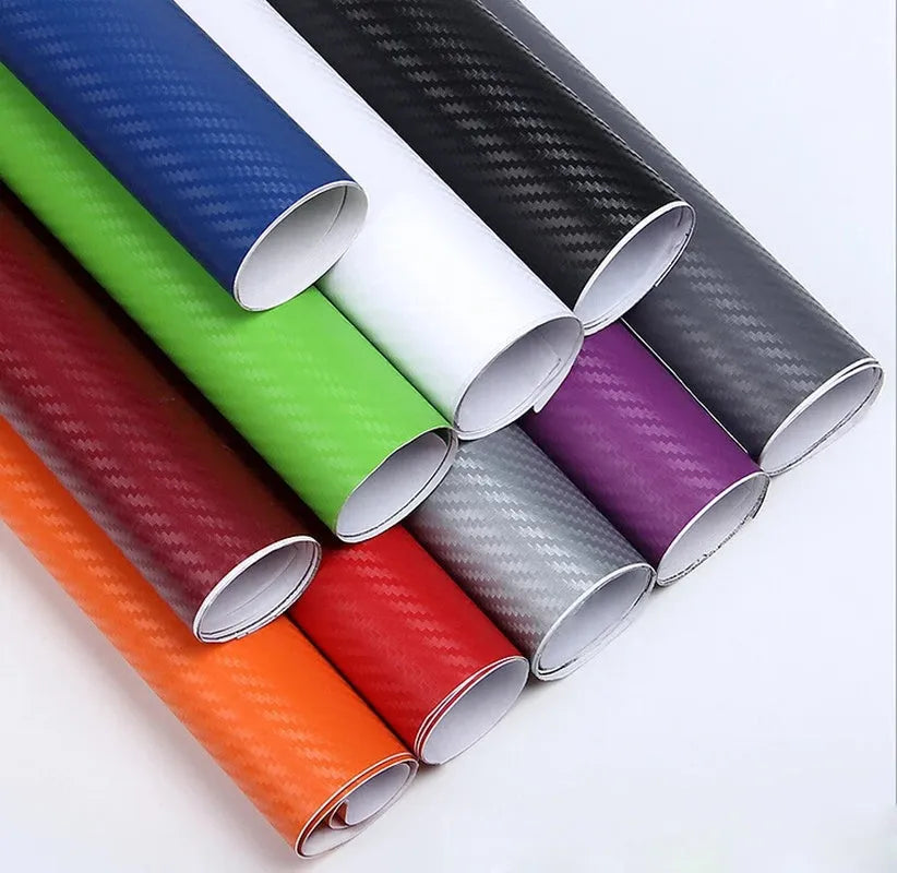3D carbon fibre car sticker roll in eight colour options showing textured surface