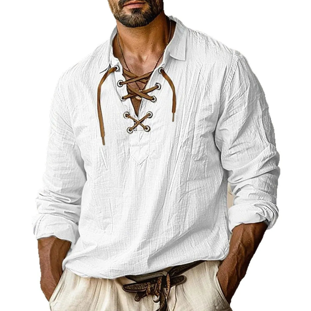 Men's solid colour linen blend shirt with lapels, lace details, and long sleeves in a loose plus-size fit.
