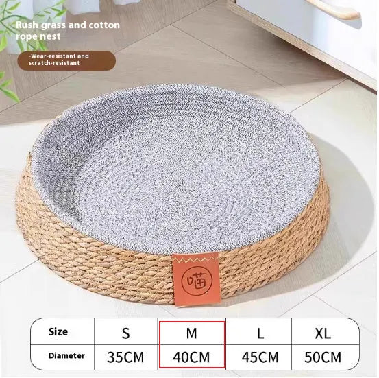 Natural woven rattan cat nest bed in four sizes: S, M, L, and XL.