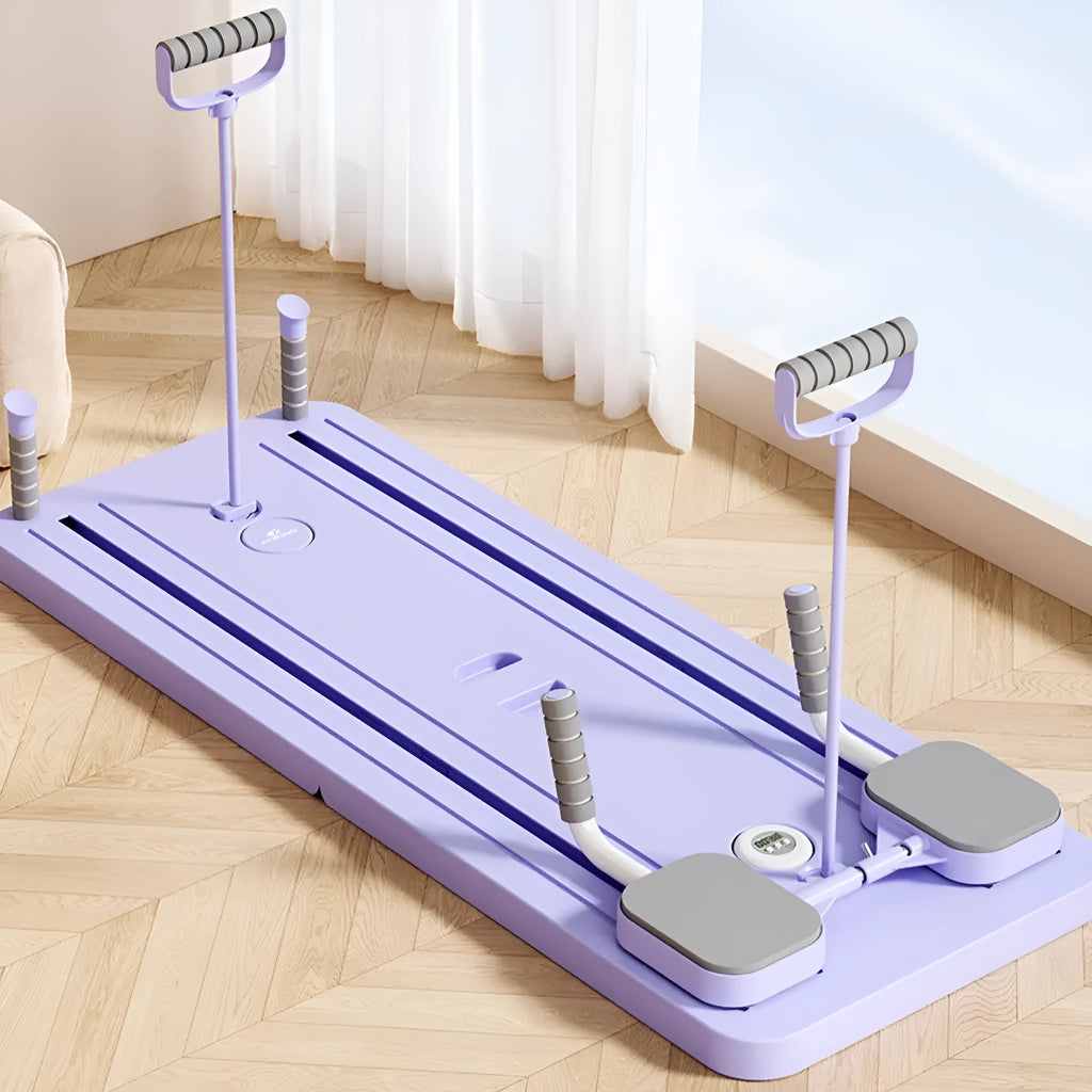 Purple PP plastic fitness board with integrated automatic rebound abdominal wheel.