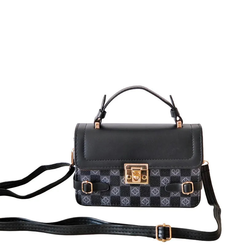 Structured small square PU crossbody bag in apricot with a retro pattern and file compartment.