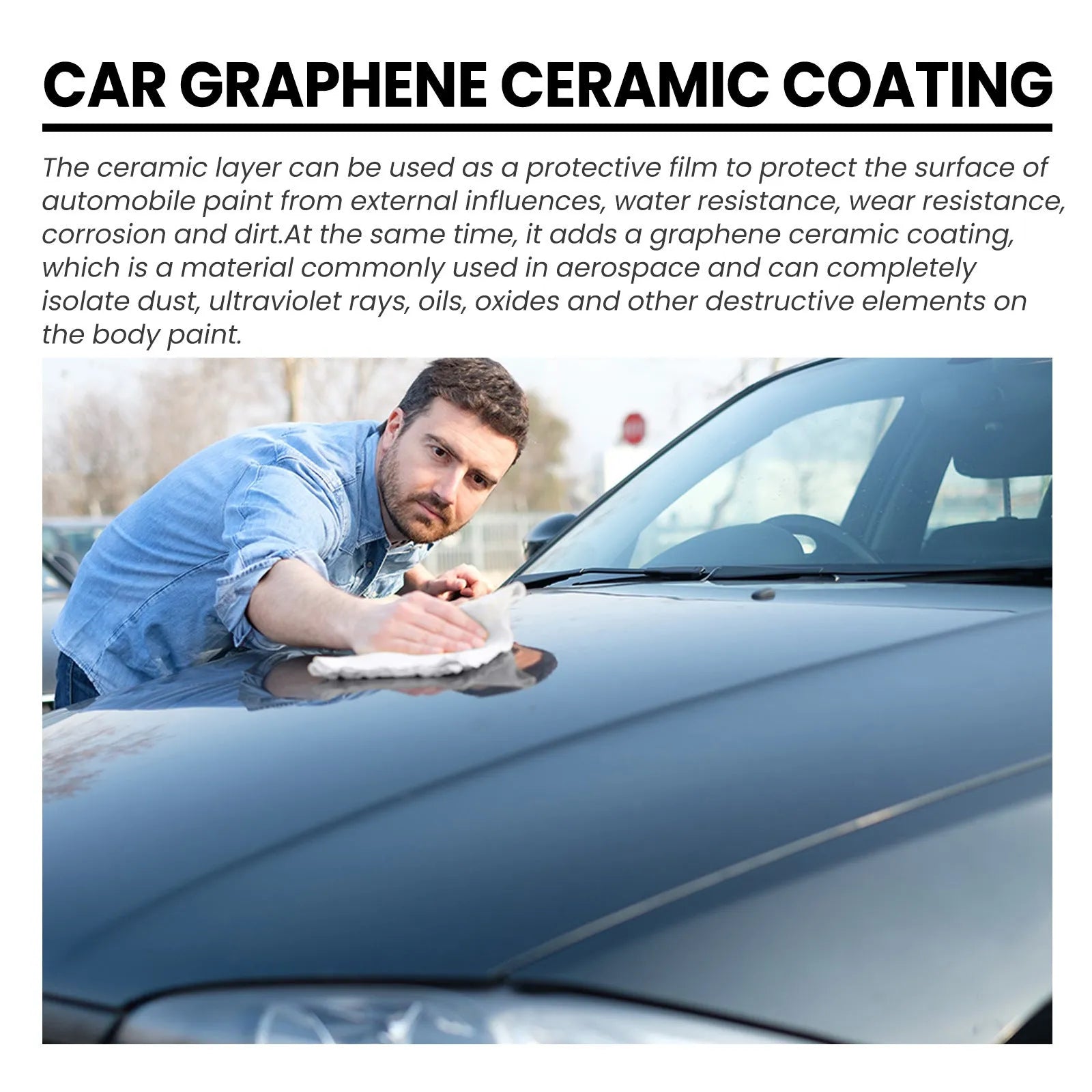 70ml automotive graphene ceramic coating bottle with sponge, towel, gloves, and cloths for car paint protection.