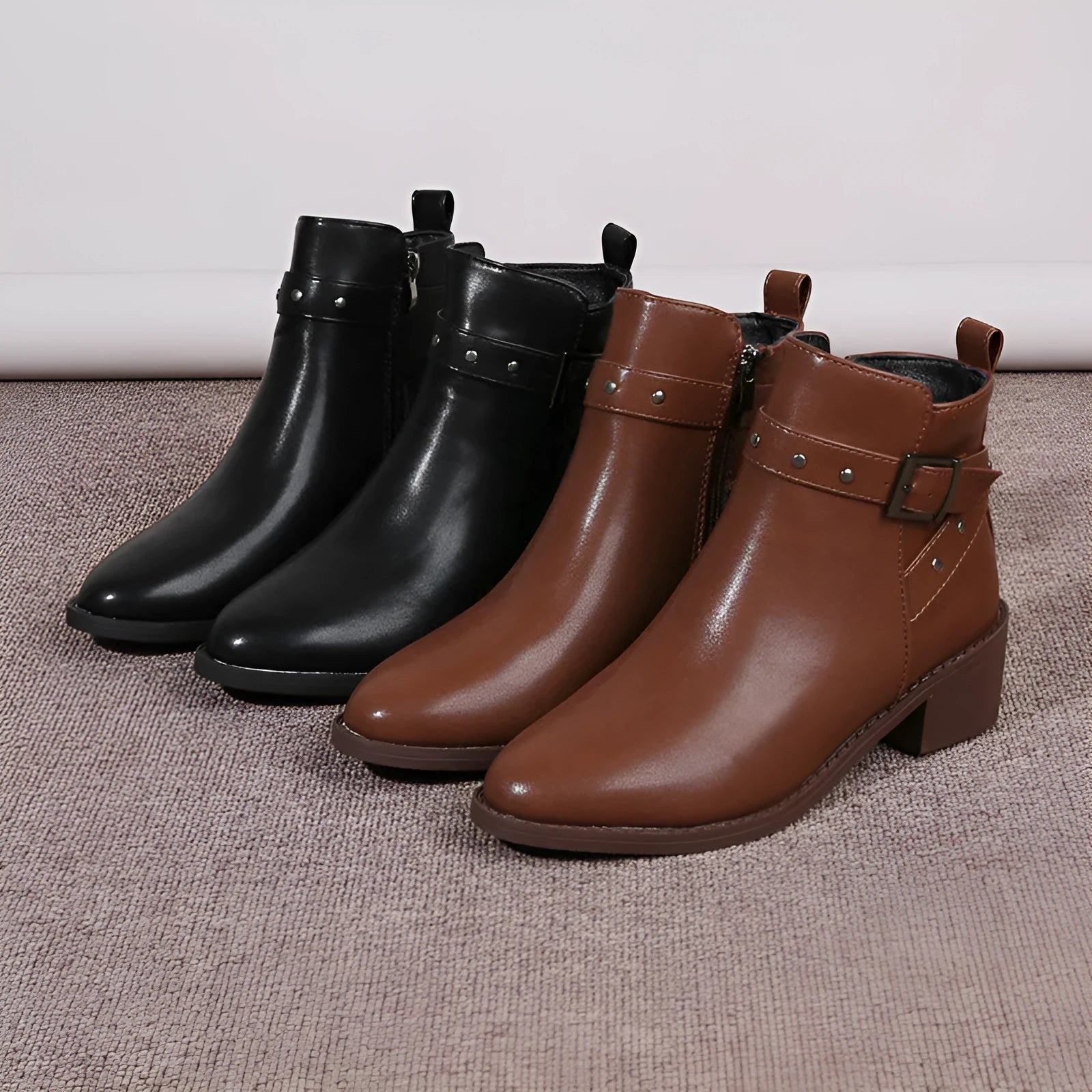 Retro chunky heel martin boots with studded buckle, pointed toe, black faux leather, size 36-42