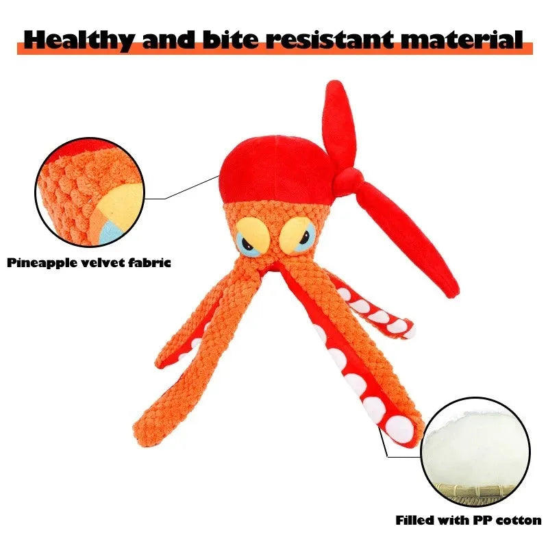 Orange octopus plush dog chew toy with tentacles for dental cleaning and hidden squeaker
