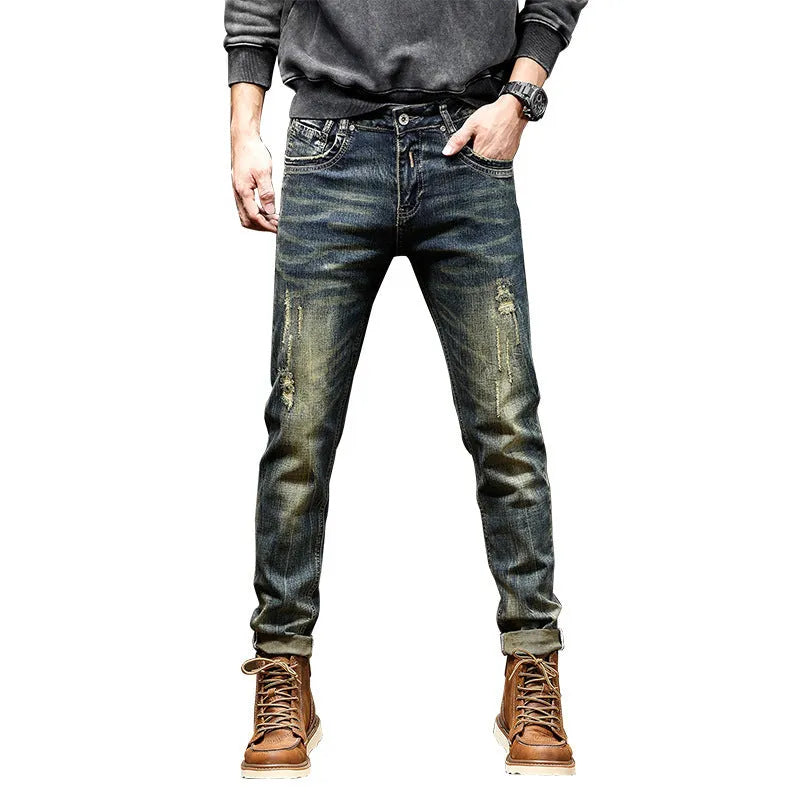 Men's skinny fit stretch denim jeans in a retro blue wash with a five-pocket design.