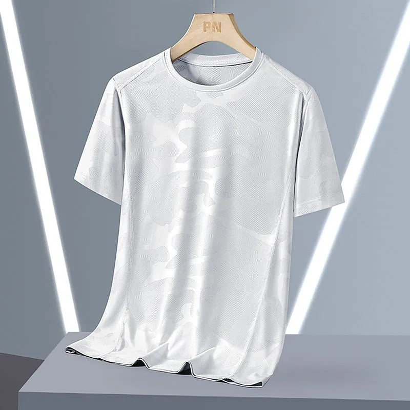 Men's loose-fit camouflage pattern summer top in quick-dry nylon, shown in Army Green.