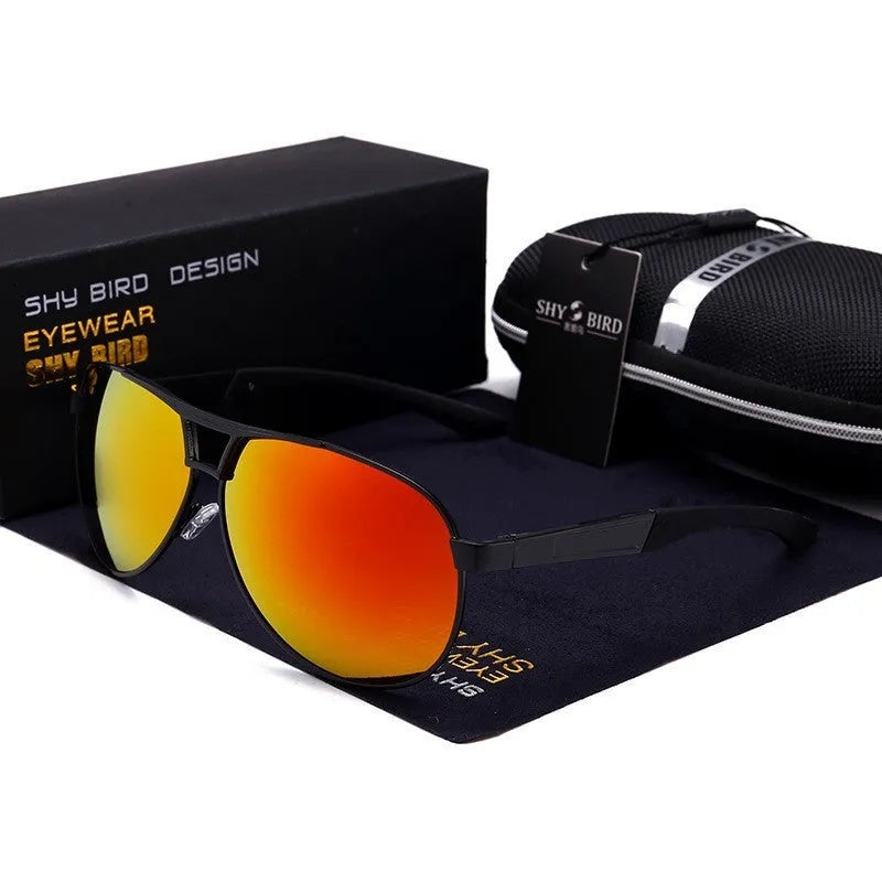 Men's orange red aviator sunglasses with metal frame and polarised lenses on a dark background.