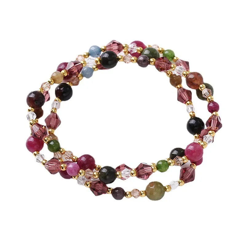 Handmade women's adjustable bracelet with three amethyst, strawberry quartz, or tourmaline crystal stones.