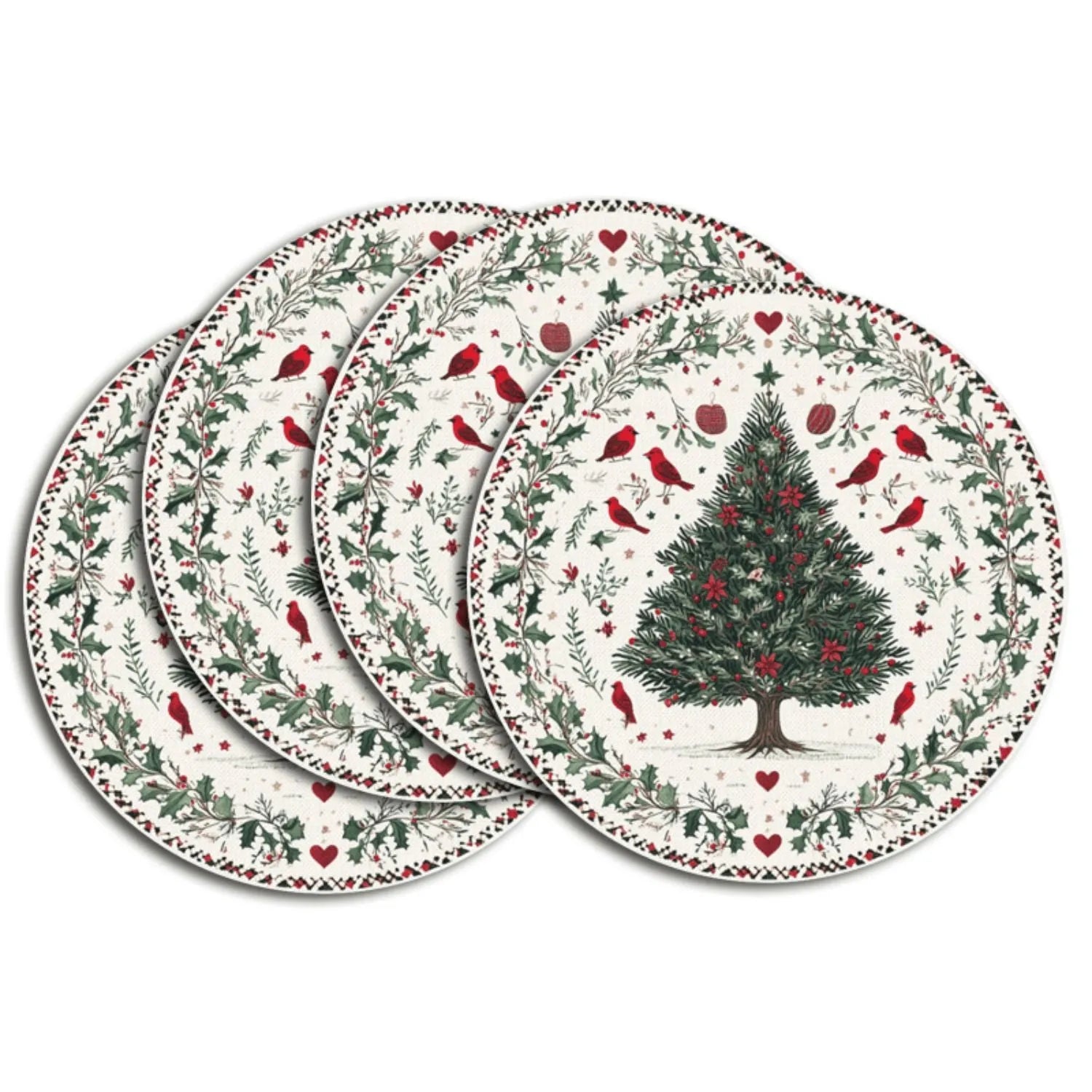 Round Christmas placemat with holly berries snowflake and bow design 38cm polyester American style