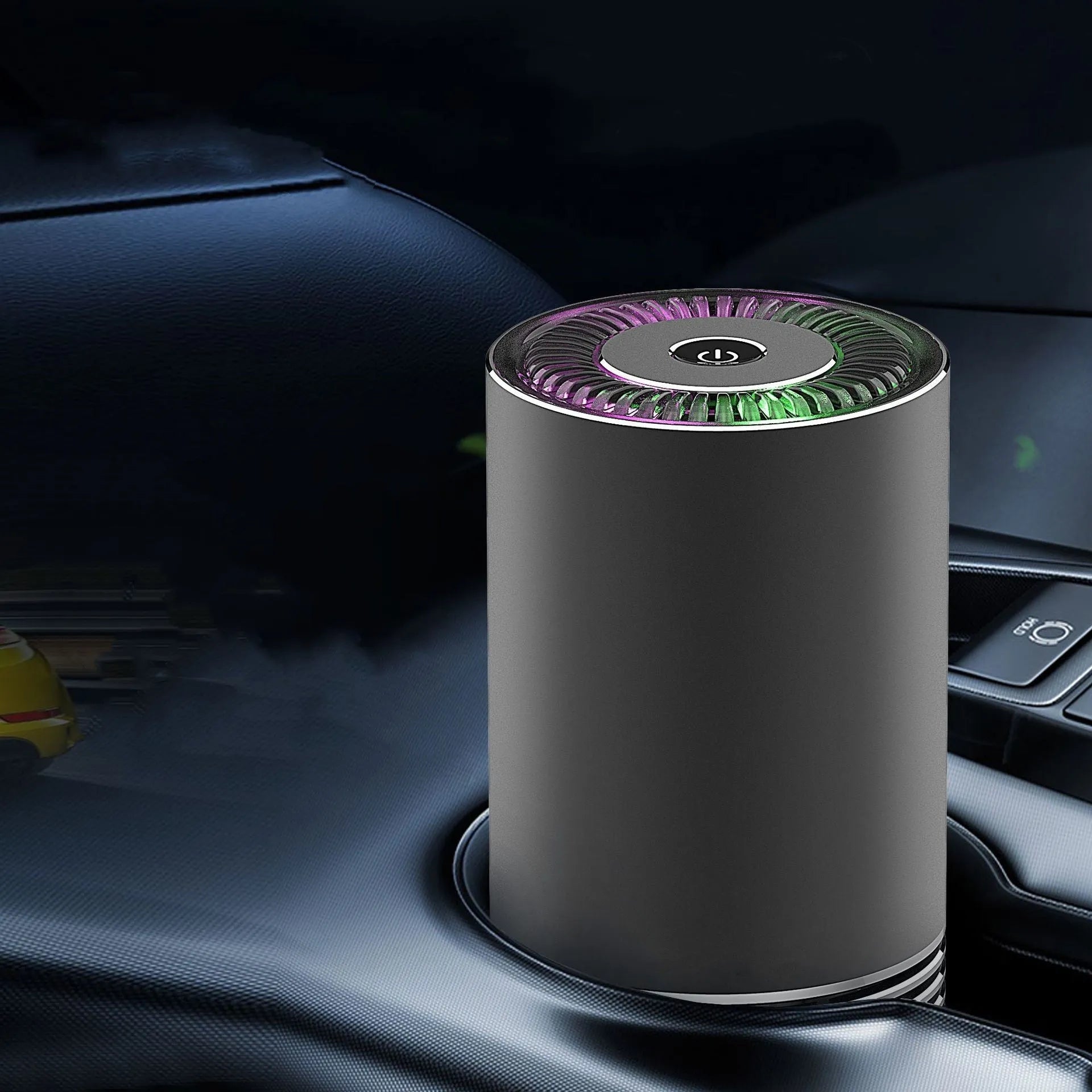 Compact black metallic car wireless air purifier with power cord for cigarette lighter socket