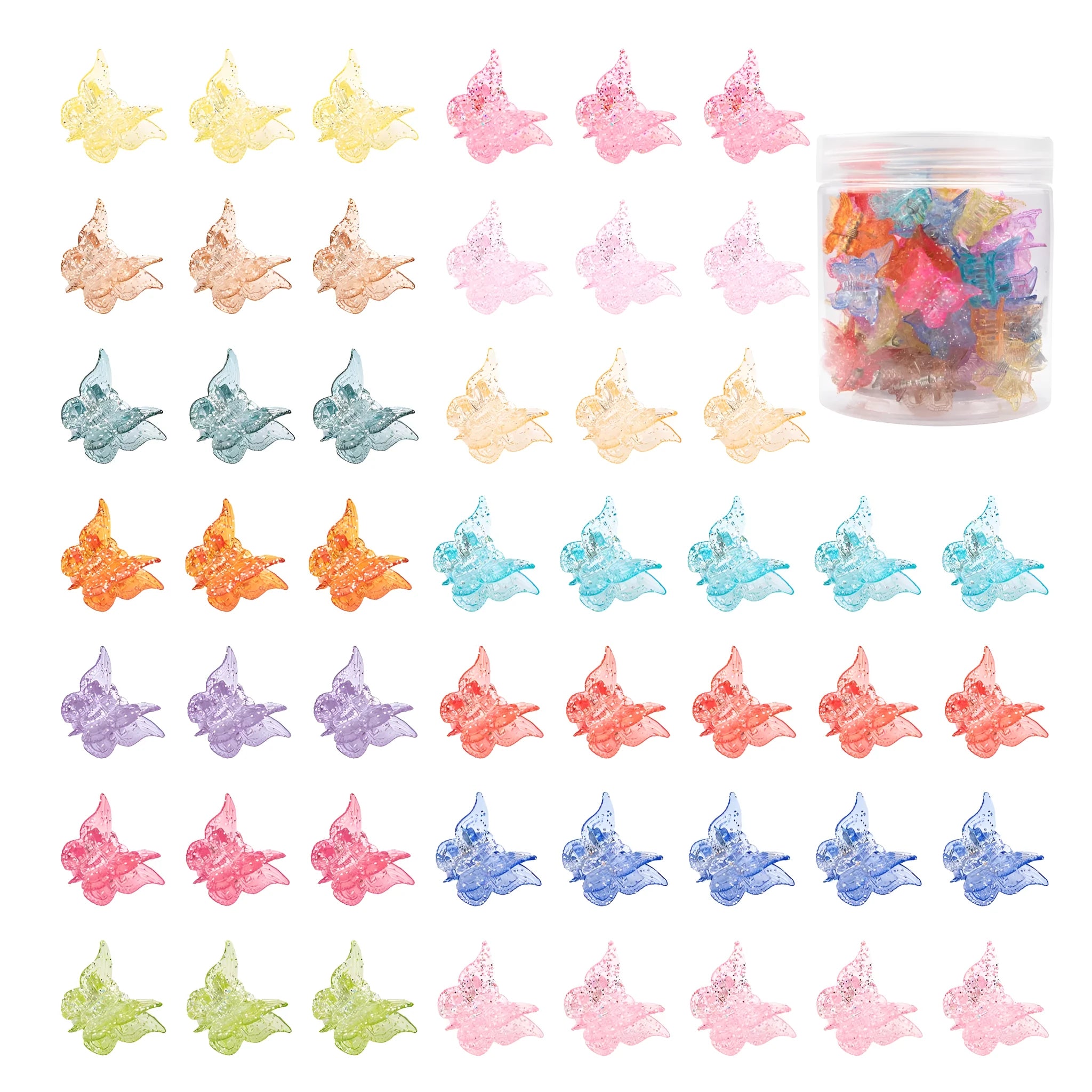 Set of glitter butterfly hair claw clips in assorted colours showing miniature size