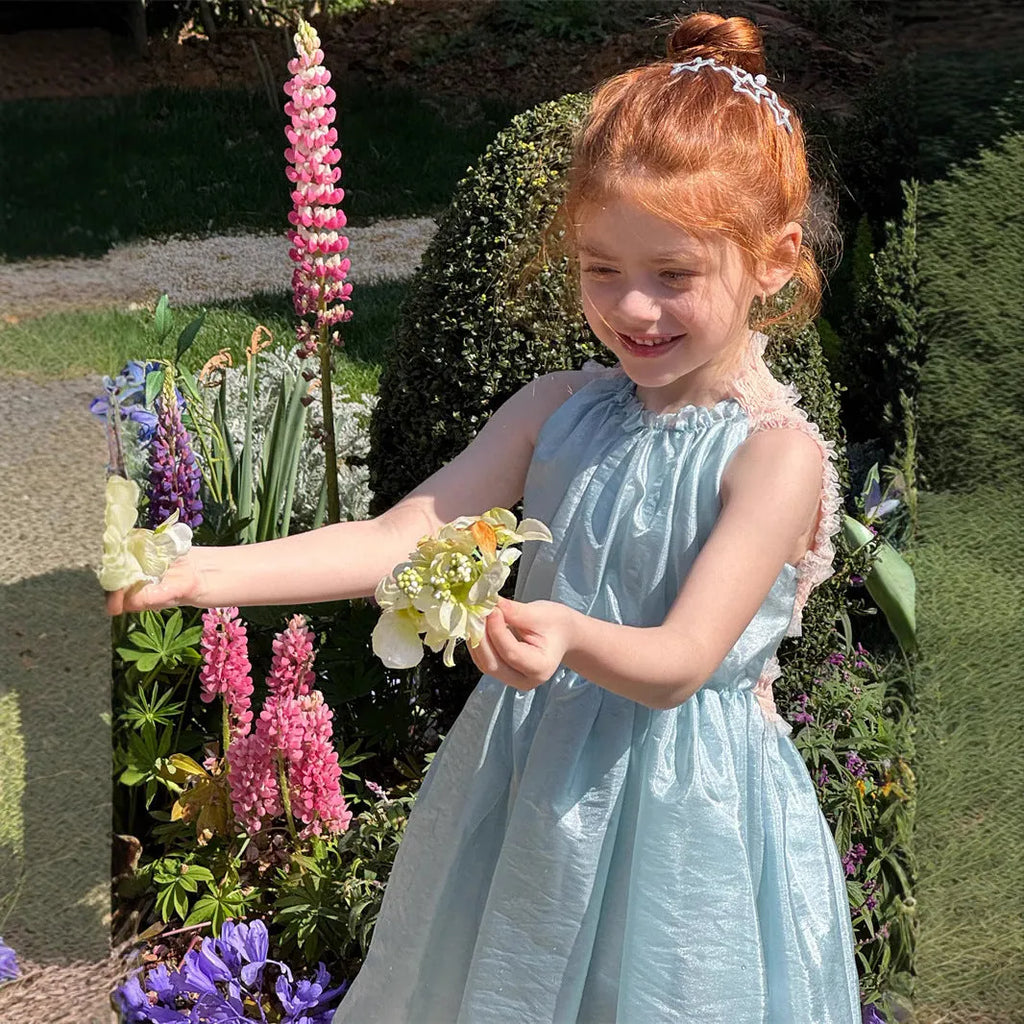 Girls backless sleeveless dress light blue suspender style cotton lined 90-140cm children summer wear