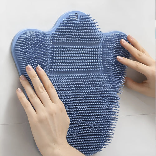 Silicone bath brush massage mat measuring 31cm by 32cm in blue, grey, and pink colour options
