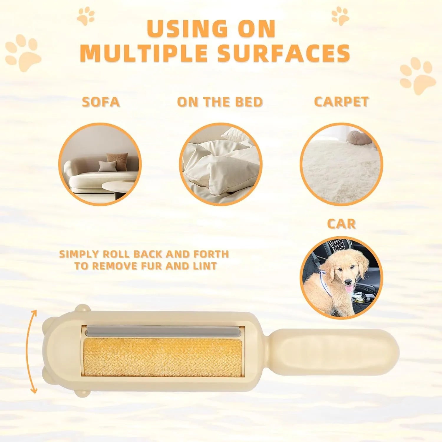 Blue reusable pet hair remover tool with self-cleaning base on a carpet.