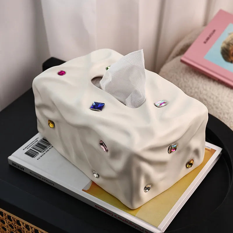Ceramic tissue box in matte coconut milk white finish on a bathroom counter.
