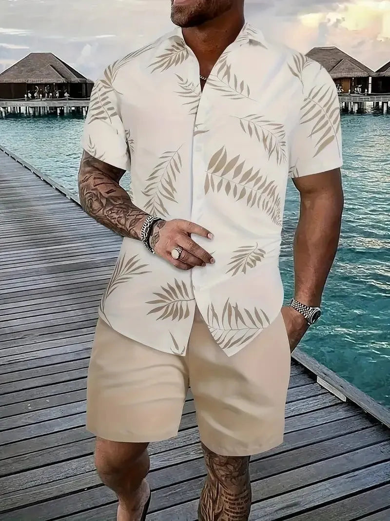 Men's 3D printed Hawaiian pattern short sleeve shirt and matching shorts co-ord set.