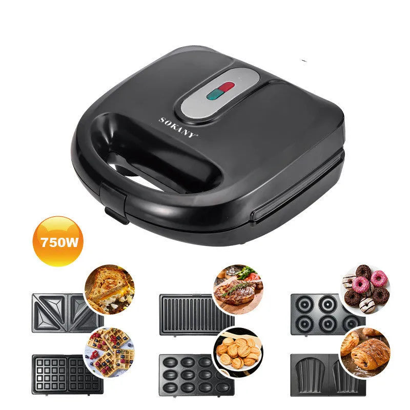 Black double-sided heating electric sandwich pan with brushed stainless steel lid and non-stick plates