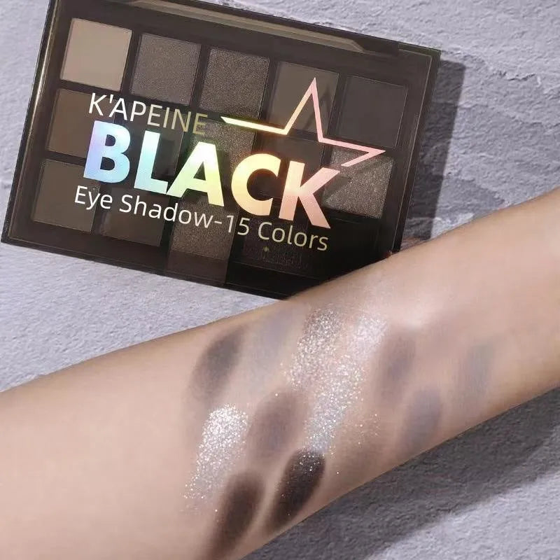 15 colour eyeshadow palette with smoky grey, black and brown shades for neutral skin