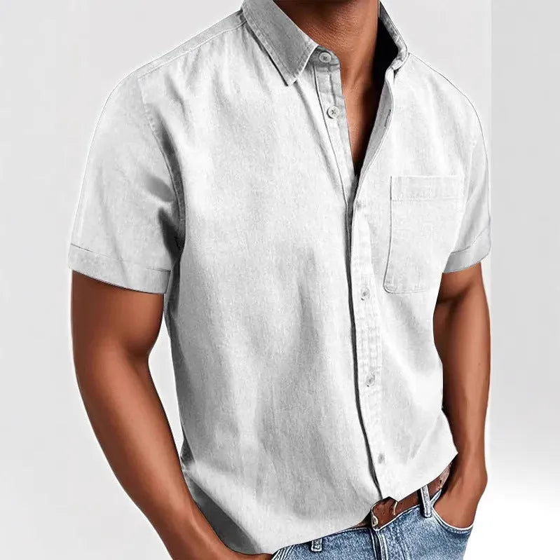 Men's solid colour short-sleeved polo shirt with a chest pocket on a hanger