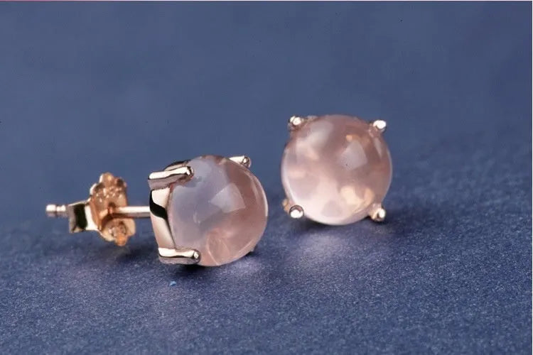 Korean style synthetic ross quartz stud earrings for women with rose gold plating and drop-shaped crystal inlay
