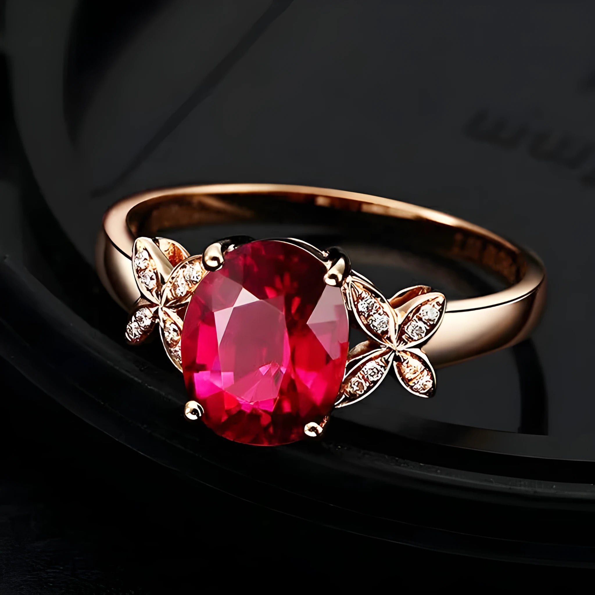 Women's butterfly-shaped ring with heart crystal in rose gold plating on blue or red background