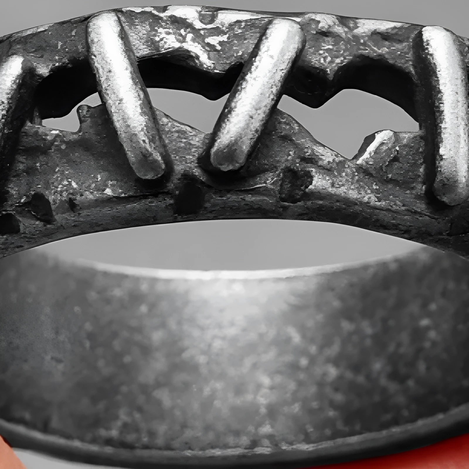 Dark punk style stainless steel ring with a textured stitch pattern and double band.