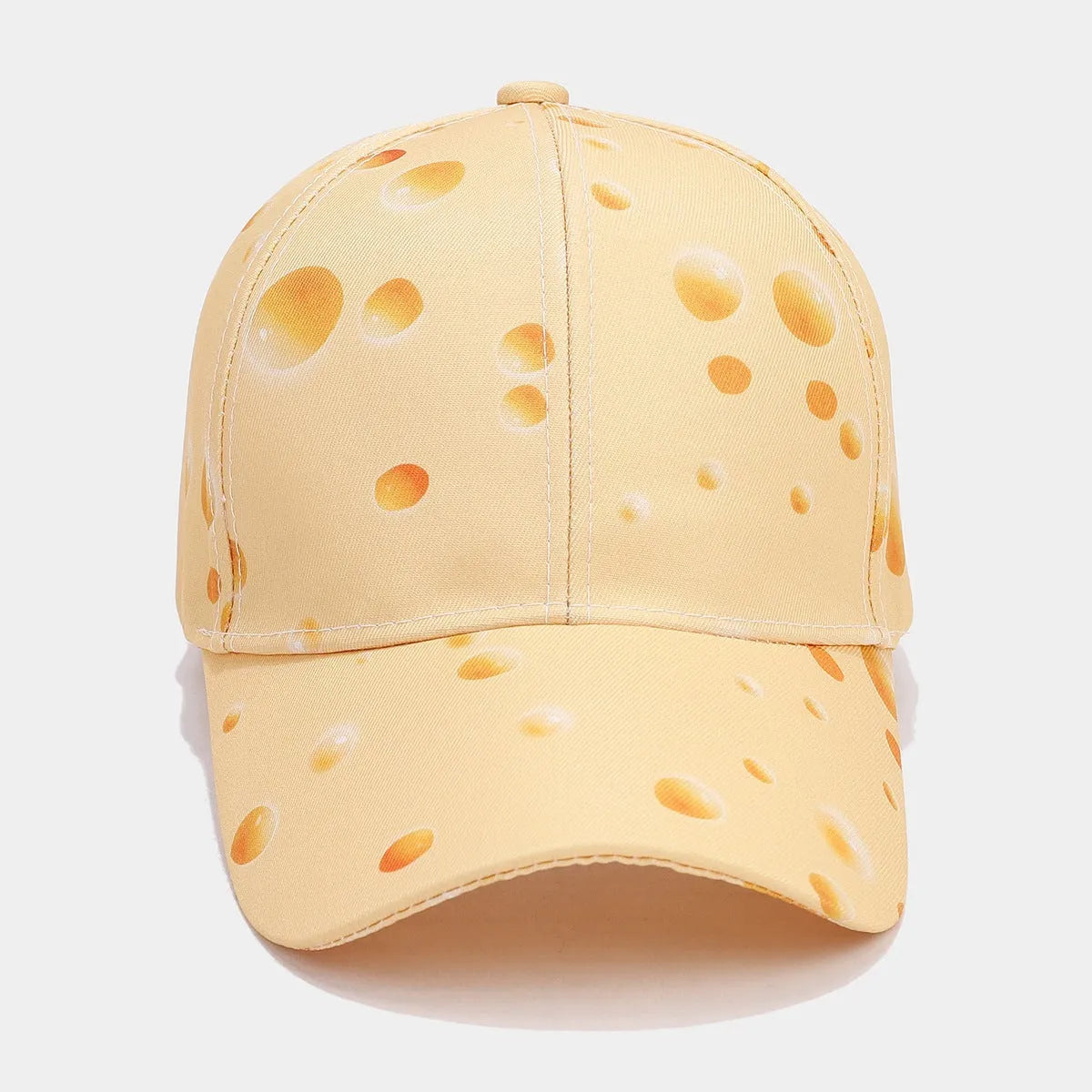 Printed cheese pattern adjustable peaked cap with dome crown and polyester construction