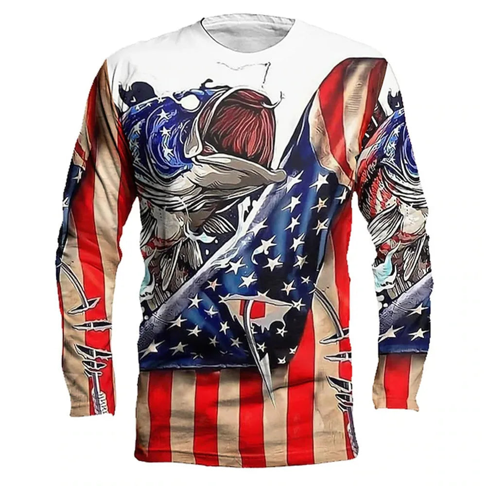 Men's fish printed long-sleeved pullover top in milk silk polyester fabric showing round neck design