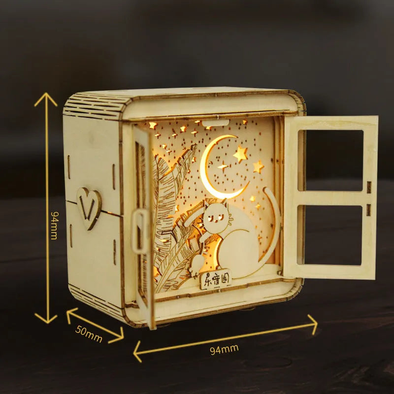 3D wooden puzzle night lamp assembled as a small ornament with train station design on a desk